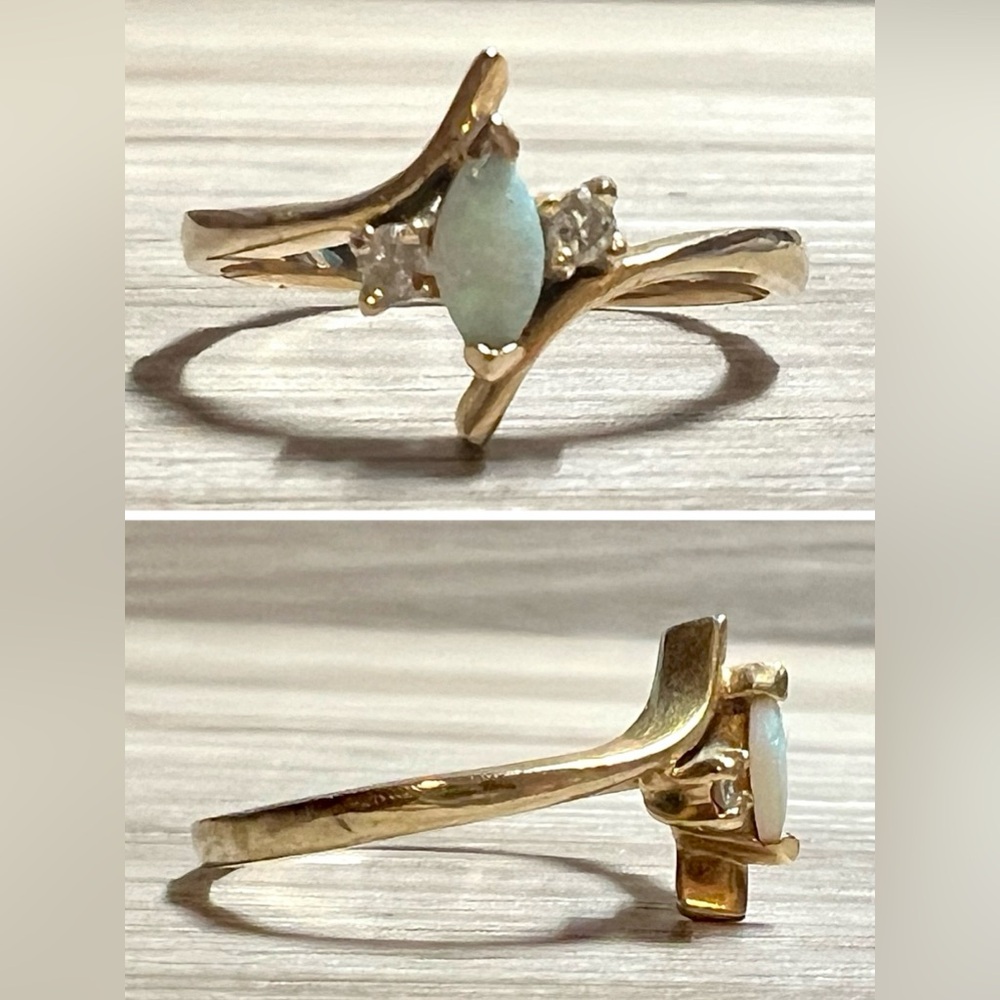 Antique Designer Signed 14KP Yellow Gold Opal & Diamond Ring, Size 6, 1.93g